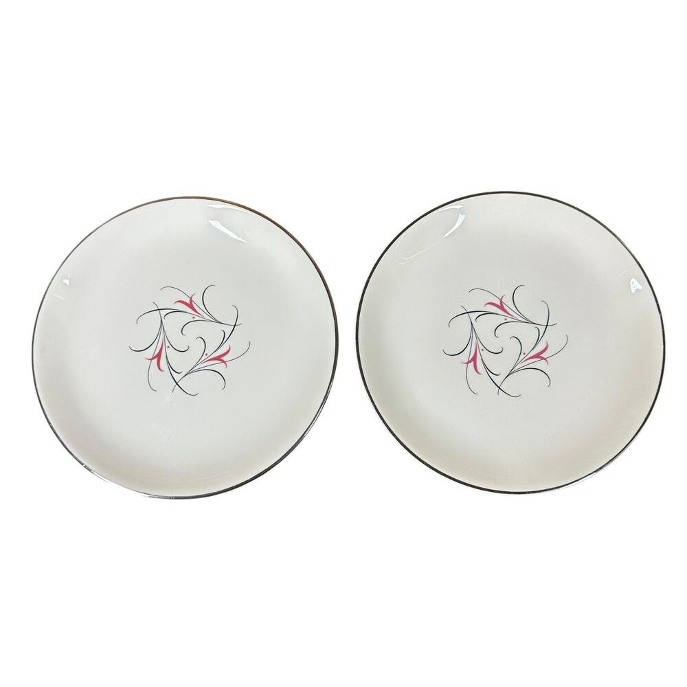 Vtg MCM 50s Salem China Serenade 7.5" Salad Plates Pink Black Floral Set of 2